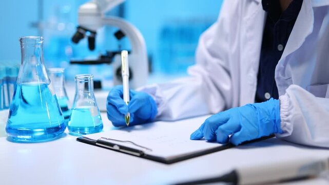 Scientist wearing a lab coat and gloves is analyzing sample using a microscope and taking notes on a clipboard. Test tubes filled with blue liquid are on the table.