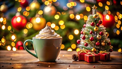Fototapeta premium Christmas Coffee Latte, Festive Drink, Holiday Coffee, Cozy Winter Beverage, Creamy Coffee, Ceramic Mug, Christmas Tree Background