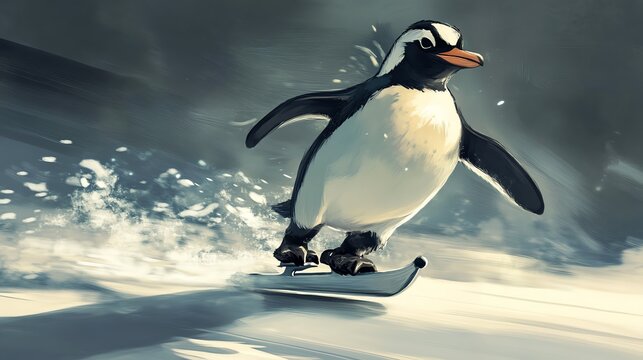 A playful penguin skating on ice, showcasing its agility and joy in a winter landscape atmosphere.