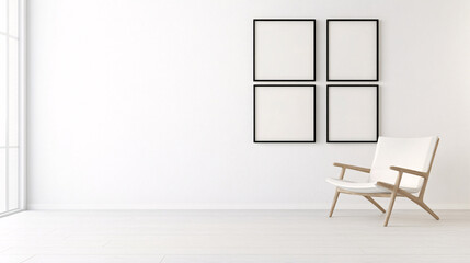 Fototapeta premium A tranquil white room showcasing a minimalist photo wall with five square black frames. Each frame is blank, creating a visual focus on their symmetry and contrast. The white walls, soft lighting,