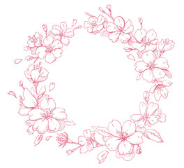 桜の花の華やかなフレーム　春のベクター素材　ピンク色の線画　植物の装飾