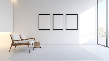 A modern white room with a photo wall of five black square frames aligned symmetrically on the white walls. The emptiness of the frames accentuates the minimalist theme. The room is softly lit with a