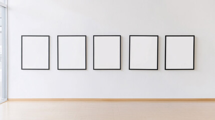 A minimalistic white room with a carefully curated photo wall displaying five square black frames, all empty. The frames contrast sharply against the white walls, while the room's soft lighting and