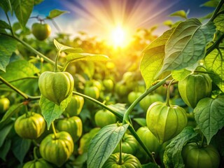 Vibrant tomatillo fruits adorn a landscape of thriving green plants; breathtaking photography.