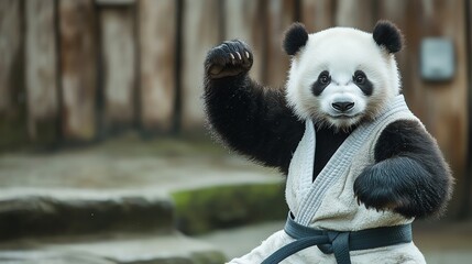 Obraz premium A playful panda dressed in a karate uniform, showcasing martial arts moves in a natural setting.