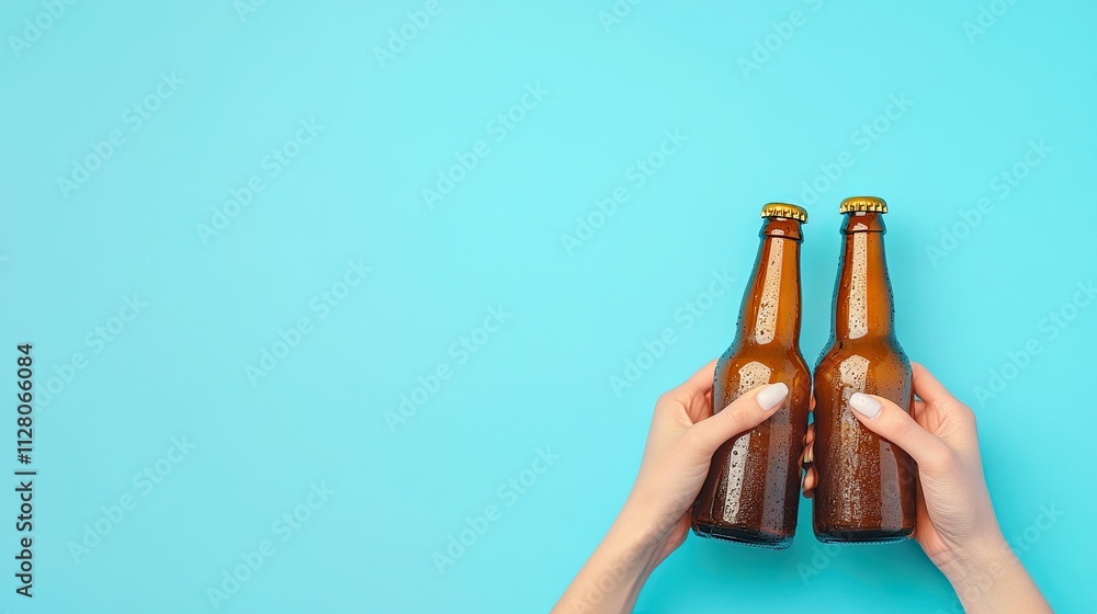 Poster hands holding beer bottles make a festive toast in a clean, modern setting on a plain blue backgroun