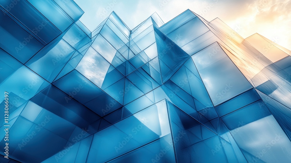 Poster blue cube abstract composition geometric render minimalist design ambient lighting background