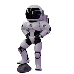 Sleek Astronaut Character in 3D. A chibi astronaut stands with his right foot stepping on the moon and both hands are on his waist. Cartoon Illustration