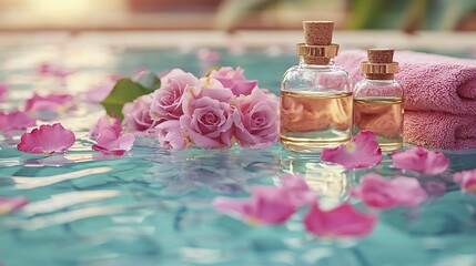 A luxurious spa experience featuring a tranquil bathtub surrounded by rose petals and essential oils Stock Photo with side copy space