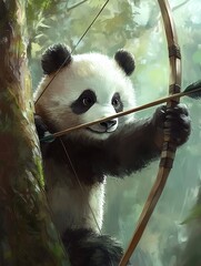 Obraz premium A playful panda aiming an arrow with a bow, surrounded by a lush forest environment.