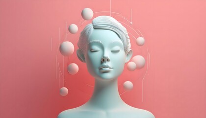 Mental health and depression concepts: Emotional balance, floating geometric shapes around head.