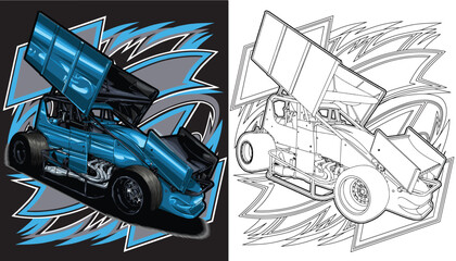 Outline blue and painted racing car. Isolated in white background, for t-shirt design, print, and for business purposes.
