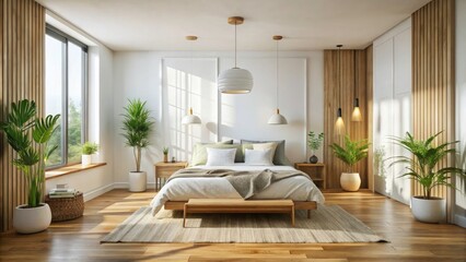 Fototapeta premium Cozy Empty White and Wooden Bedroom Interior with Natural Light, Minimalist Design, Serene Atmosphere, Ideal for Relaxation or Meditation, Perfectly Styled with Soft Textiles and Natural Elements