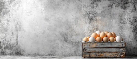 Fresh eggs in rustic wooden crate against textured grey background.