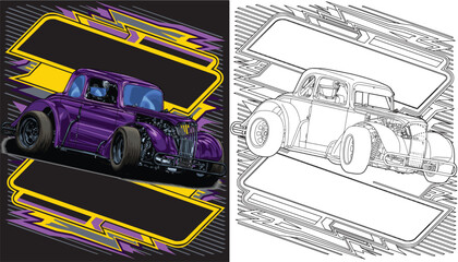 Outline purple and painted racing car. Isolated in white background, for t-shirt design, print, and for business purposes.