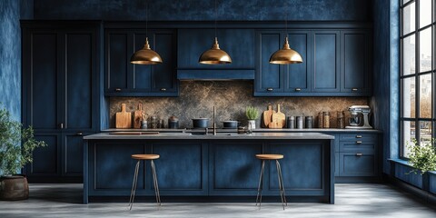 Dark blue kitchen interior with island, gold pendant lights, and large window.