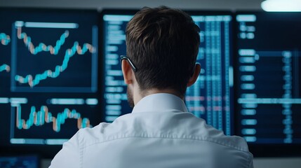 Market analysis overview trader analyzing financial data at office desk with screens professional environment