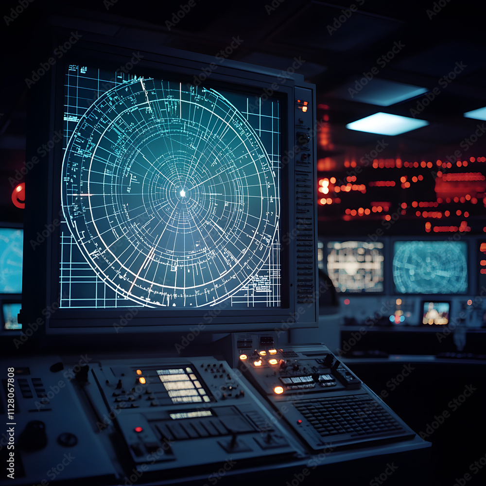 Poster radar screen operation control room image display technological environment close-up view surveillan