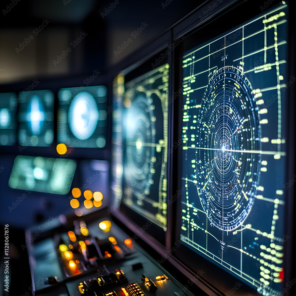 Poster radar functionality in action control room detailed image high-tech environment close-up view radar 