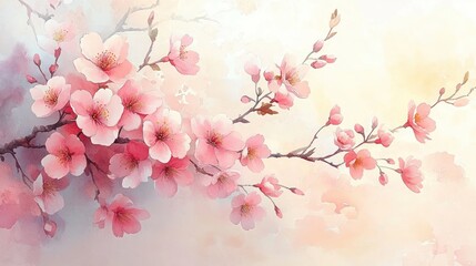 Obraz premium Cherry Blossom Blooming Landscape Watercolor Spring Sakura Nature View
