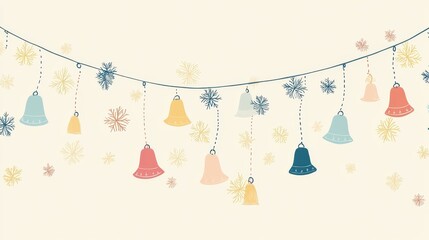 Minimal Cartoon Pattern of Garlands with Festive Bells and Snowflakes in Soft Pastel Colors for Holiday or Celebration Themes