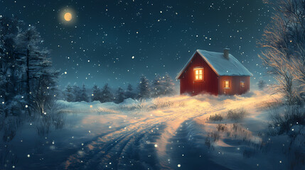 Fototapeta premium Winter solstice concept with red house. Solstice. Illustration