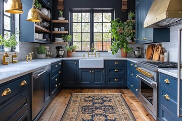 Dark blue kitchen with brass hardware, white farmhouse sink, wood floors, and open shelving.