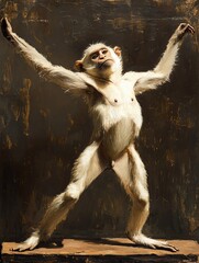 A playful monkey posing confidently, showcasing its unique stance and lively personality against a dark backdrop.