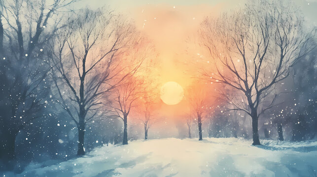Winter solstice landscape with trees and snow, merry christmas and happy new year greeting card background. Solstice. Illustration