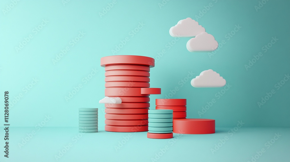 Poster modern abstract composition of colorful cylindrical shapes and soft clouds on pastel background