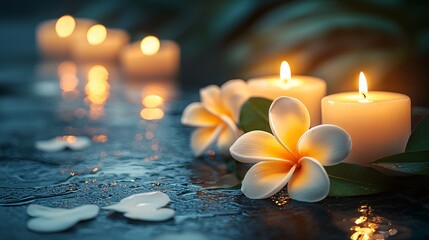 A peaceful evening spa session with dim lighting and a warm ambiance for ultimate relaxation Stock Photo with side copy space