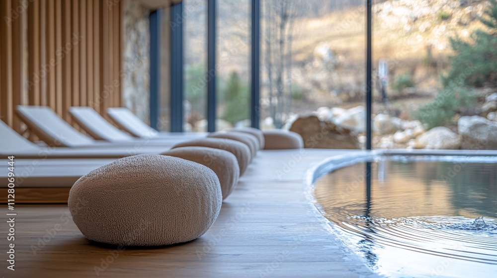 Poster a serene spa retreat with a calming fountain in the background and relaxation lounges stock photo wi