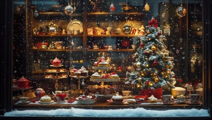 Christmas shop window display with sweets, tree, and falling snow.