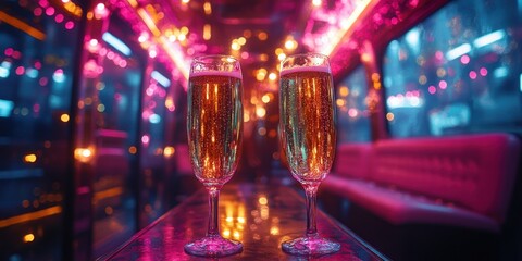 Bride and Friends Celebrate in Luxurious Party Bus with Pink Decorations and Sparkling Champagne
