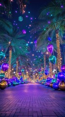 Vibrant palm-lined boulevard with colorful balloon decorations at night. Happy Mardi Gras