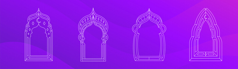 Ramadan Kareem line art minimalism design greeting cards collection, gradient fresh color, arabic ornament, mosque, door, architecture, vector design illustration.