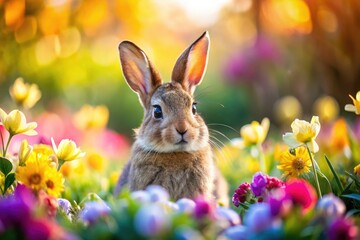 Easter Bunny Garden Flowers Photography: Spring Portrait, Cute Rabbit, Floral Background, Holiday Photo
