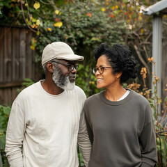 In a peaceful garden, a diverse couple shares a heartfelt conversation, embodying authentic storytelling and genuine connection in a soft documentary style