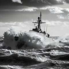 Obraz premium Warship conquering rough seas ocean photography stormy environment side view naval power