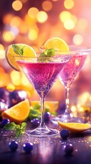 Vibrant martini cocktails with bokeh lights and fresh garnishes. Happy Mardi Gras