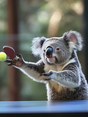 Obraz premium A playful koala engaging in a fun game of table tennis, showcasing its adorable personality and agility.
