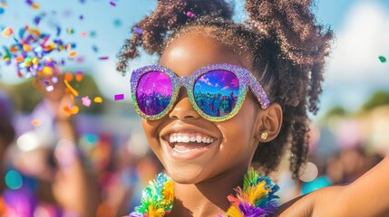 Joyful african child celebrating with colorful sunglasses and confetti. Happy Mardi Gras