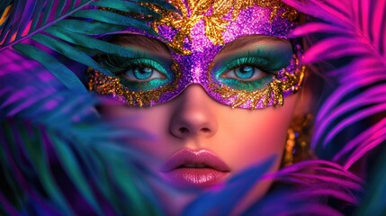 Vibrant masked woman with glittering makeup in tropical setting. Happy Mardi Gras