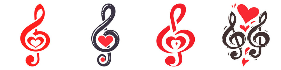 Valentines icon on transparent background. Artistic musical notes featuring hearts on a white background.