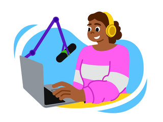 Woman in headphones recording a podcast 