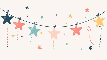 Festive Cartoon-Style Illustration Featuring Colorful Star Garlands and Playful Decorative Elements for Minimalist Celebrations