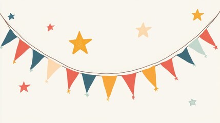 Festive Cartoon Style Garlands with Colorful Triangular Flags and Stars for Celebrations and Events in a Minimalist Design Aesthetic