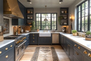 Fototapeta premium Stylish dark-blue kitchen with white quartz countertops, brass hardware, and farmhouse sink.