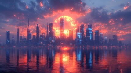 Fototapeta premium Futuristic City Skyline at Sunset with Skyscrapers and Reflections in Water for Corporate Business Design