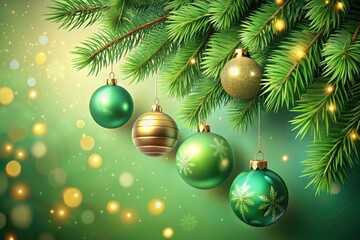 Festive 3D Render of Green Christmas Fir Branch with Vintage Ornaments for Holiday Background and Decoration
